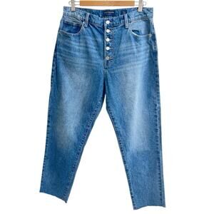 LUCKY BRAND High Rise Mom Jeans Drew Blue Sz 10/30 Raw Hem Exposed Buttons Ankle